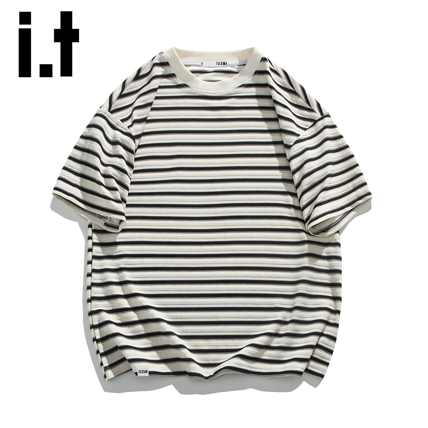 it izzue美式斑马条纹短袖t恤男夏季潮牌宽松百搭圆领五分袖上衣Y