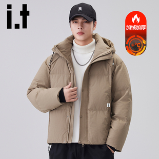 加绒加厚保暖白鸭绒面包服外套男Y 连帽羽绒服男冬季 izzue短款