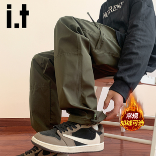 it izzue潮牌软壳加绒冲锋裤男款美式防风秋冬季户外直筒工装裤Y