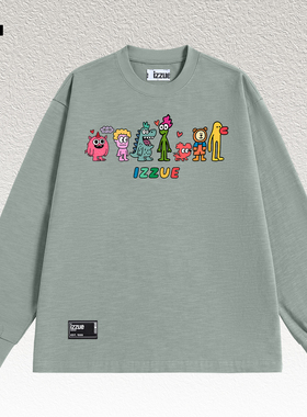 itizzue官方纯棉重磅潮牌圆领长袖T恤男2025春秋季宽松黑色上衣4P