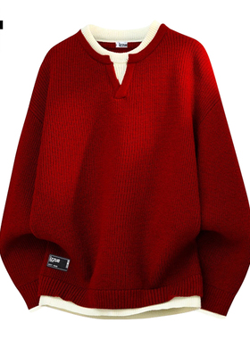 it izzue原创潮牌红色圆领重磅毛衣男女款2025冬针织衫情侣上衣3P