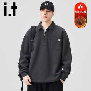 it izzue美式潮流长袖Polo衫男士舒适半拉链翻领卫衣加绒打底衫Y