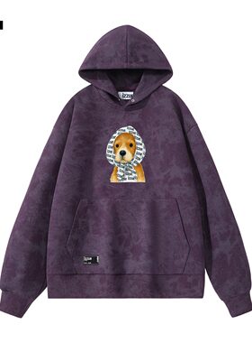 it izzue原创紫色做旧蜡染连帽套头卫衣男士2025春秋潮牌帽衫3P