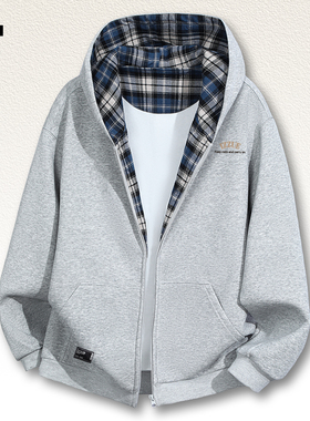 it izzue灰色连帽卫衣男女款春秋季学院风拉链开衫休闲外套男款4P