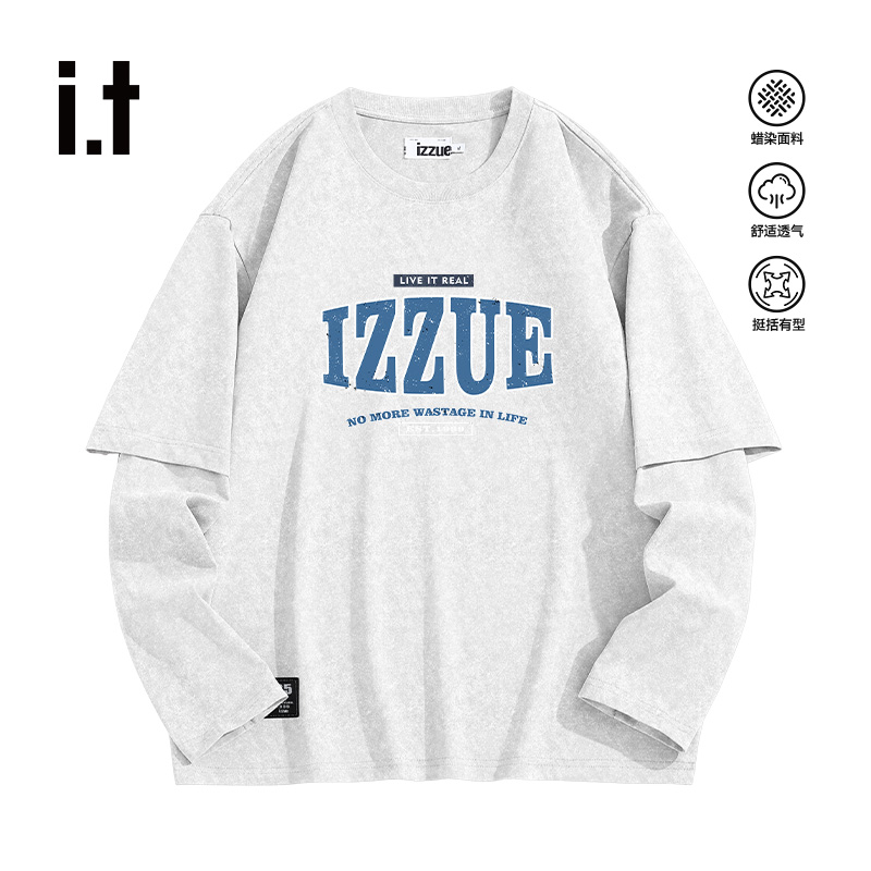 it izzue白色t恤男2025新款美式复古假两件长袖打底衫中性风上衣B