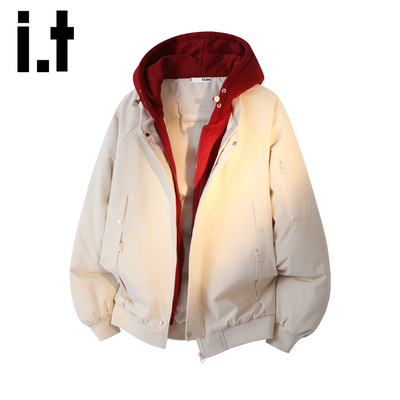 itizzue官方美式假两件连帽棉服