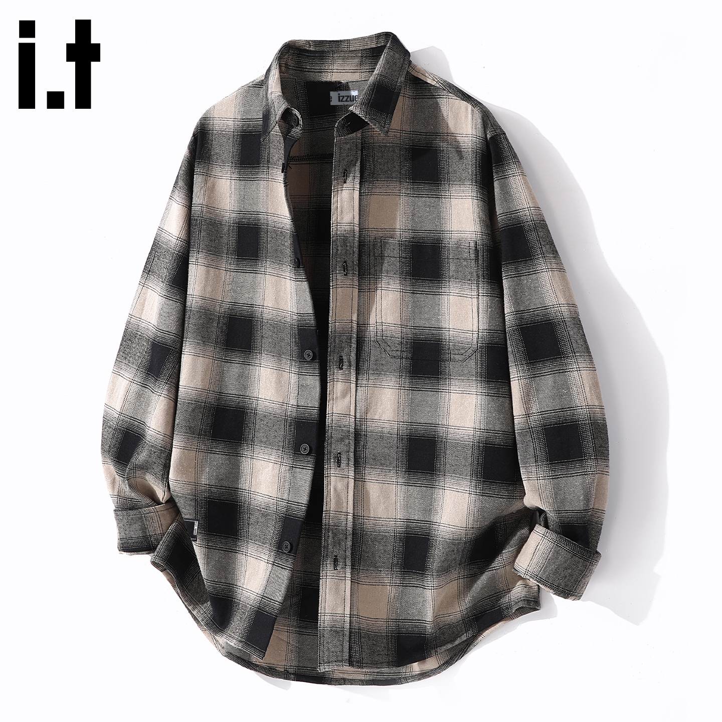 it izzue复古格子长袖衬衫男女秋季无性别外套休闲翻领薄衬衣男4P