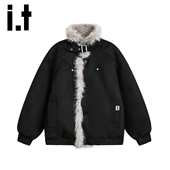 izzue秋冬季 座山雕毛领加绒短款 棉服男士 款 加厚保暖棉衣外套Y