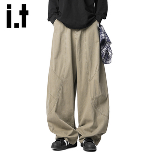 izzue美式 秋冬复古慵懒宽松直筒裤 纯棉解构弯刀工装 男士 子Y 裤