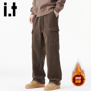 izzue咖色灯芯绒工装 运动休闲加绒加厚直筒裤 裤 美式 男秋冬季