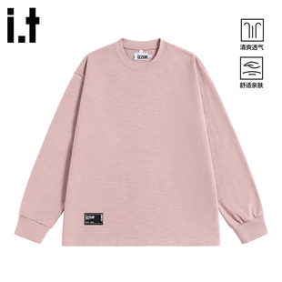 it izzue原创粉色纯棉长袖圆领T恤男女宽松春秋季竹节棉打底衫3P