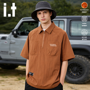 izzue户外工装 新款 短袖 男夏季 运动上衣轻薄透气翻领衬衣4P 衬衫