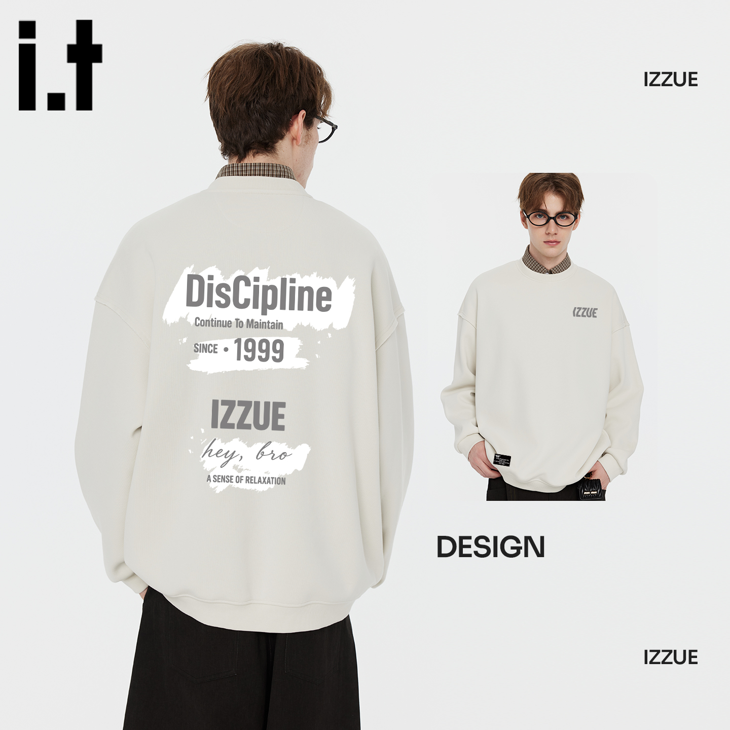 it izzue新款潮牌加绒圆领卫衣男2025秋宽松美式流行套头上衣1P