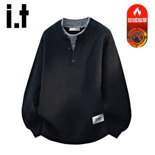 it izzue秋冬季亨利领假两件毛衣男士加厚款针织衫保暖内搭上衣Y