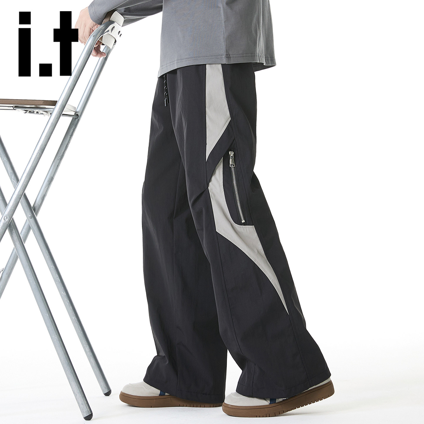 it izzue美式机能风拼接阔腿裤男黑色拉链装饰休闲百搭潮牌长裤Y,男装,休闲裤,淘宝优惠券,粉丝福利购,淘宝优惠卷