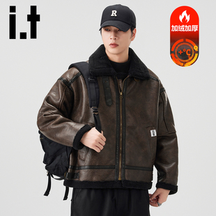 it izzue 秋冬季复古PU皮加厚保暖外套男款2025羊羔毛棉服夹克衫Y
