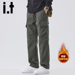 izzue2025秋冬季 军绿休闲裤 加绒加厚工装 男宽松直筒男裤 子Y 裤