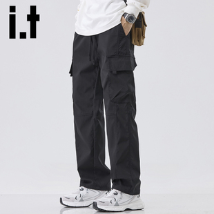 izzue潮牌宽松直筒工装 黑色休闲百搭运动裤 裤 2025新款 子Y 男士