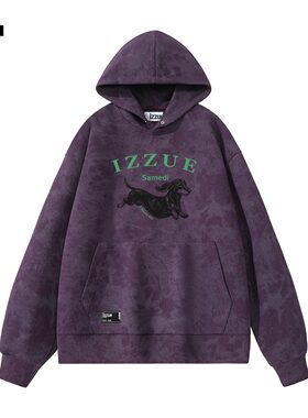 it izzue原创连帽紫色做旧蜡染长袖卫衣男士2025春秋潮牌帽衫3P