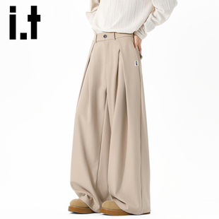 it izzue潮牌高级感褶皱弯刀西裤男士春秋美式廓形垂感休闲裤子Y