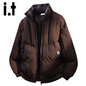 izzue美式 防风立领加绒棉服男士 冬季 保暖加厚格纹短款 面包服Y