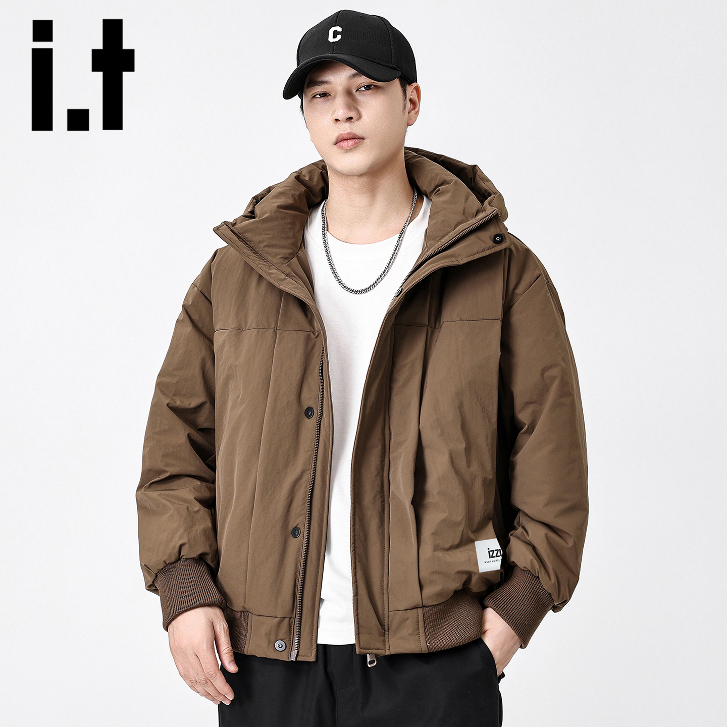 itizzue工装风连帽短款羽绒服男