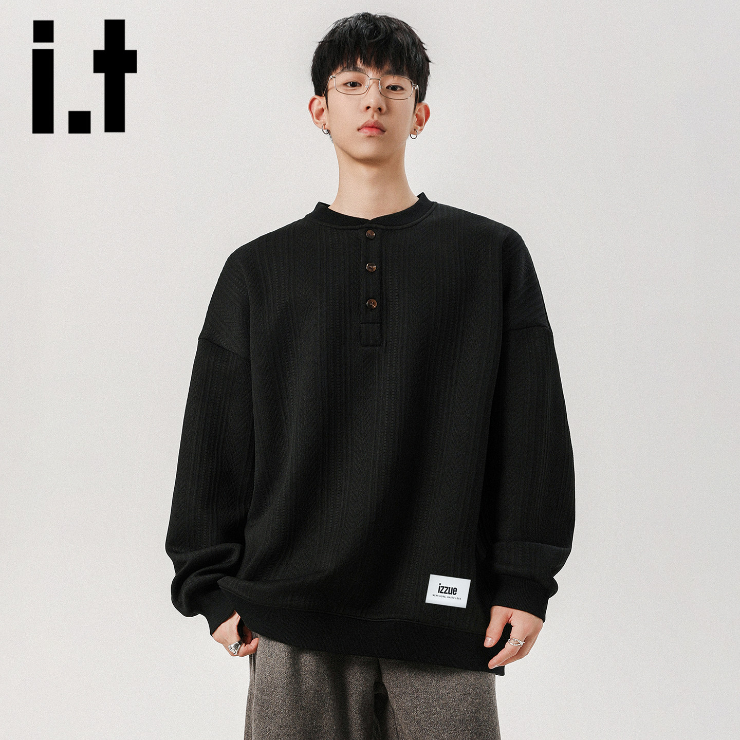 it izzue亨利领T恤卫衣男秋季简约纯色肌理感潮牌慵懒风长袖上衣Y,男装,卫衣,淘宝优惠券,粉丝福利购,淘宝优惠卷