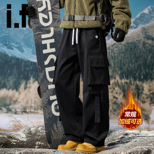 it izzue秋冬季加绒加厚工装裤男士款宽松直筒多口袋休闲长裤子Y