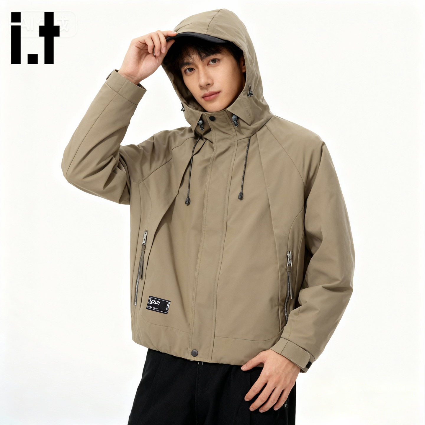 itizzue咖色加厚连帽棉服夹克男
