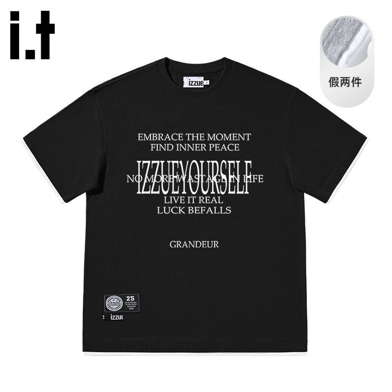 it izzue新款短袖T恤男2025夏季美式潮牌假两件纯棉圆领体恤衫A