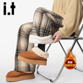 izzue美式 加厚加绒格子羊羔绒棉裤 男女冬季 保暖防寒直筒裤 子Y