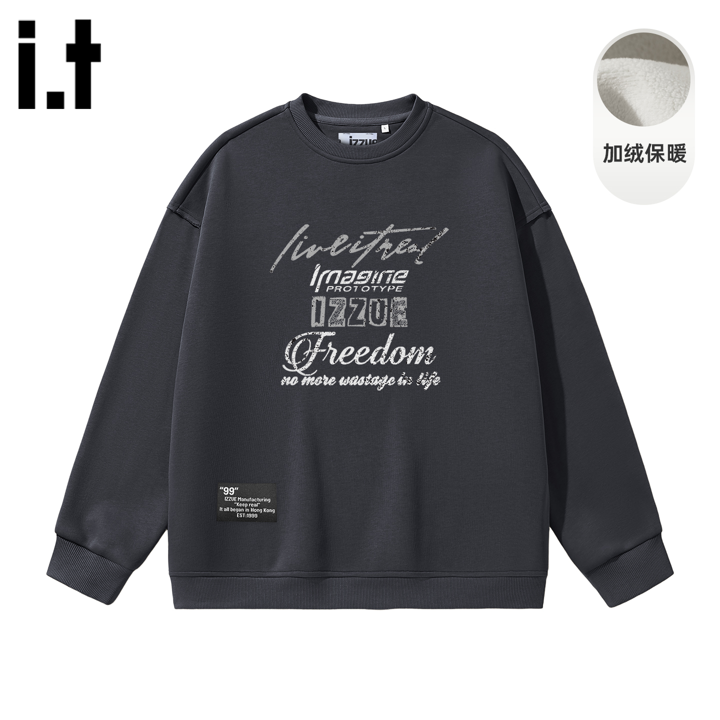 it izzue新款复古重磅加绒圆领卫衣男2025冬季流行潮牌套头上衣1P