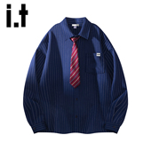 潮牌宽松痞帅长袖 衬衣Y 男士 款 izzue春秋季 设计感领带条纹衬衫