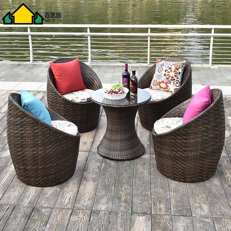 北欧休闲户外藤编餐桌椅简约咖啡西餐厅现代手工藤椅三件套组合