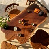 初一木作 小户型阳台茶桌实木家用雨木大板矮餐桌原木桌茶几圆角