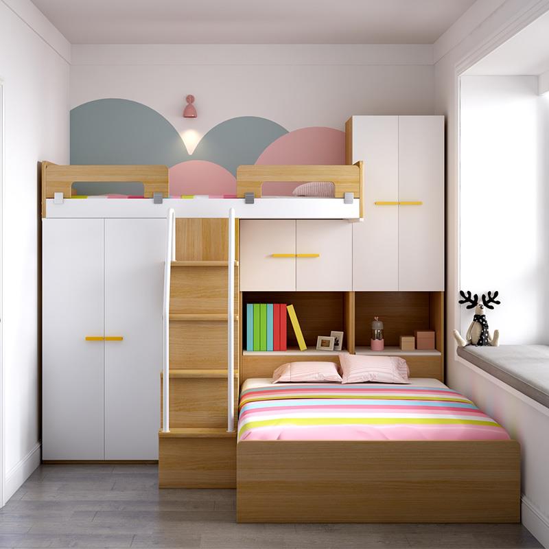 小户型儿童上下双层床两层上下铺带衣柜书桌一体错位组合床交错式