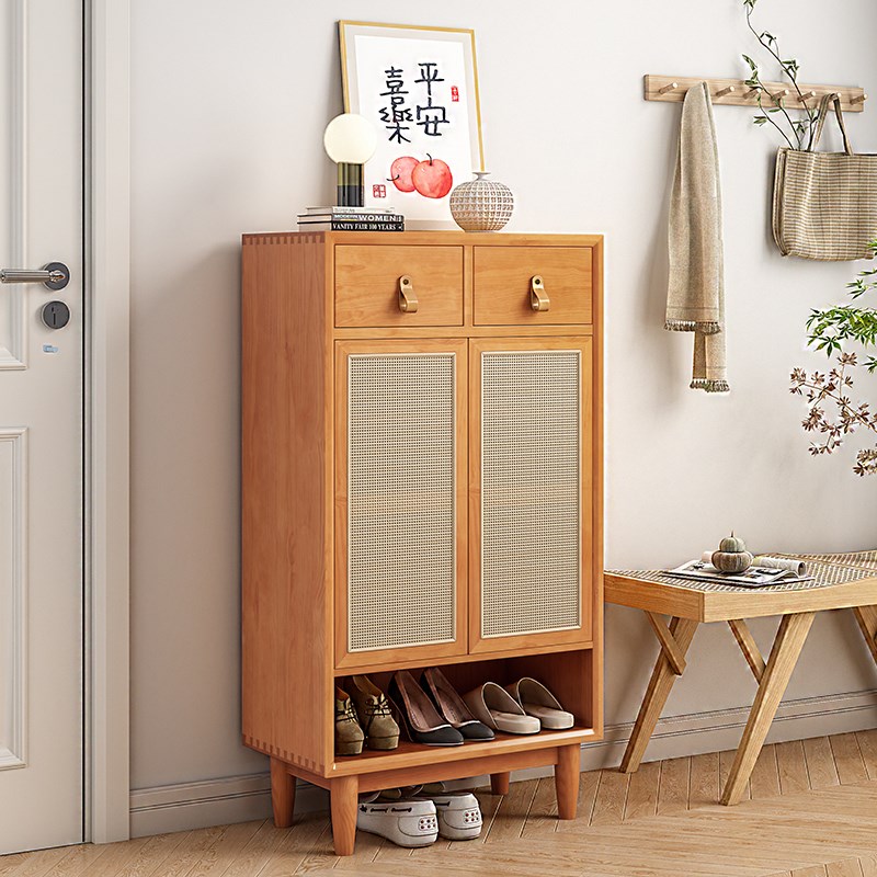 日式鞋柜家用门口现代简约小户型原木藤编鞋柜窄入户玄关柜定制cm