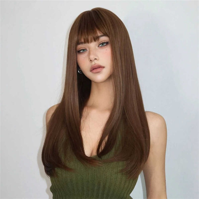 欧美风棕色假发中长女齐刘海混血法式性感甜辣全头套日常气质直发