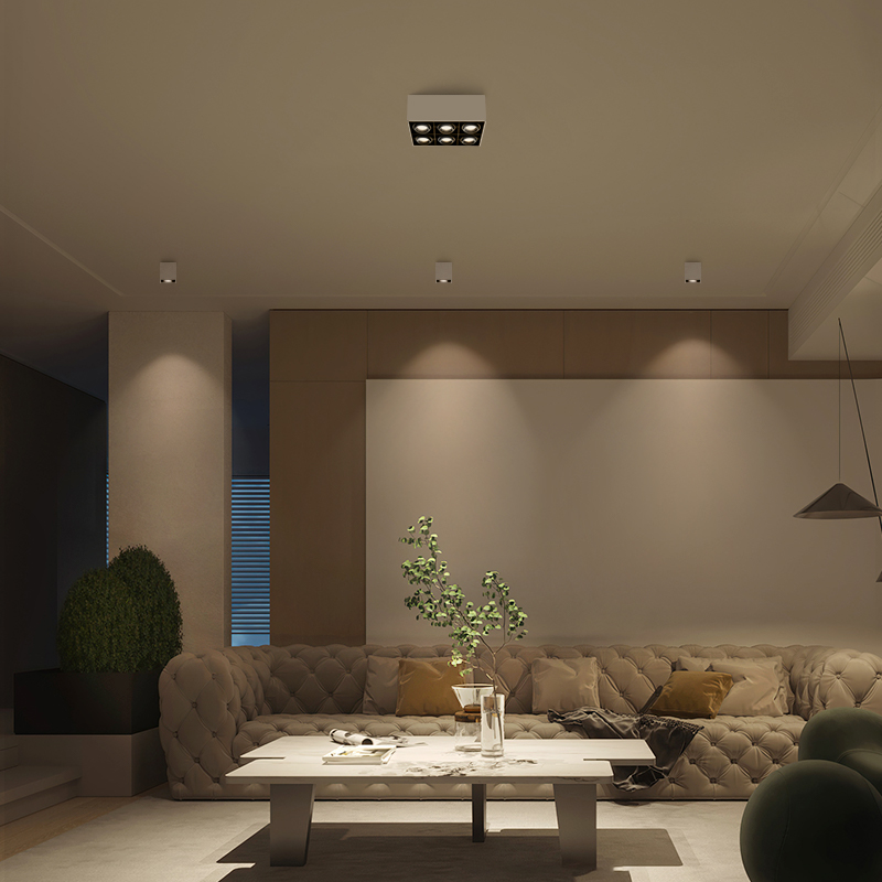 三尼 明装筒灯led吸顶式cob射灯长方形斗胆灯四头客厅无主灯照明