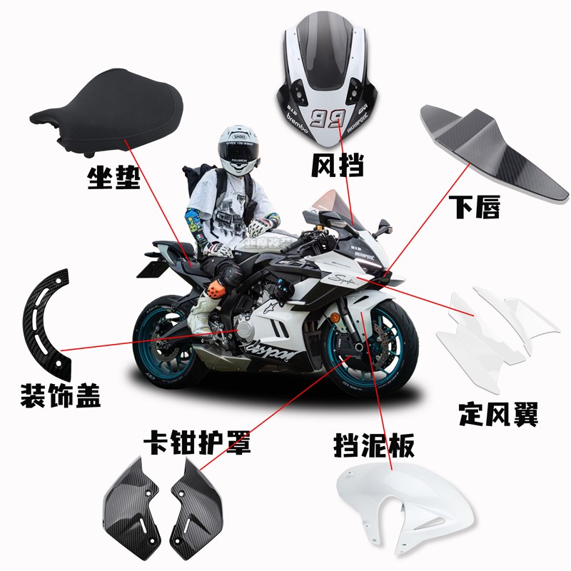 适用675SR 升级改装一站式前脸风挡定风翼下唇前坐垫卡钳改装配件