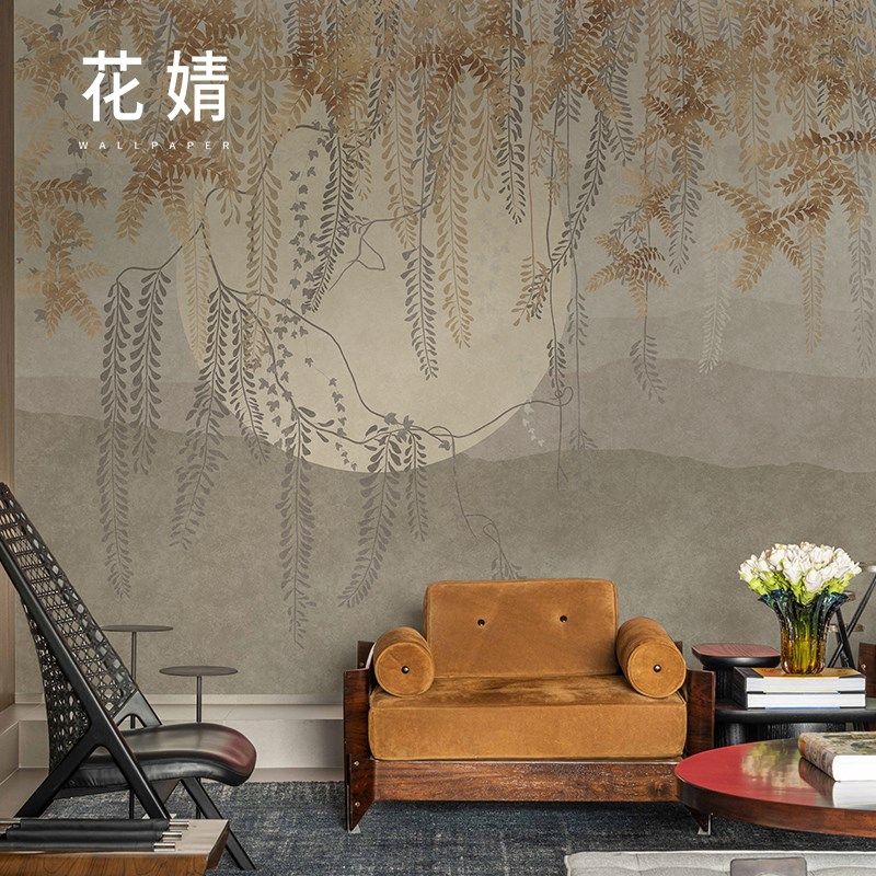 新中式柳叶卧室背景墙壁纸无纺布餐厅酒店影视墙壁布墙纸定制壁画