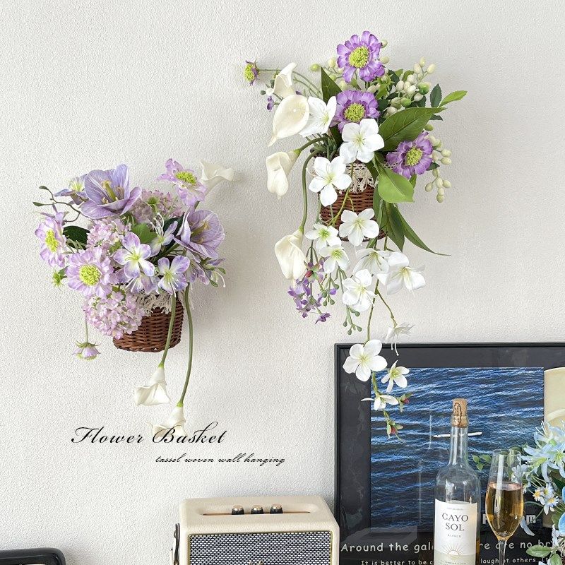 田园藤编篮仿真花墙挂装饰花墙面假花挂件客厅餐厅壁挂装饰品绢花,家居饰品,壁饰,淘宝优惠券,粉丝福利购,淘宝优惠卷