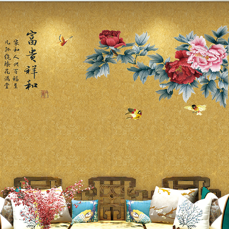 定制独秀背景墙墙布 中式牡丹独绣背景壁布 客厅沙发电视刺绣壁画