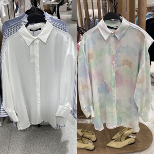 ZA 新款丝缎质感扎染垂性缎面白色长袖宽松衬衫女 ra0Q3666060250