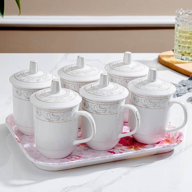 六个装带托盘送杯刷 茶具茶杯酒店商务会议杯茶杯陶瓷带盖可印字,餐饮具,茶杯,淘宝优惠券,粉丝福利购,淘宝优惠卷
