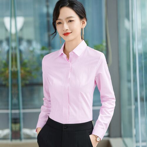 粉色条纹衬衫女长袖职业工作服z工装气质正装秋季竖条纹暗扣衬衣