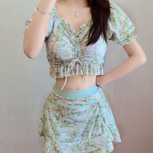 泳衣女分体碎花甜美两件套遮肚显瘦保守清新学生S游泳度假温泉泳