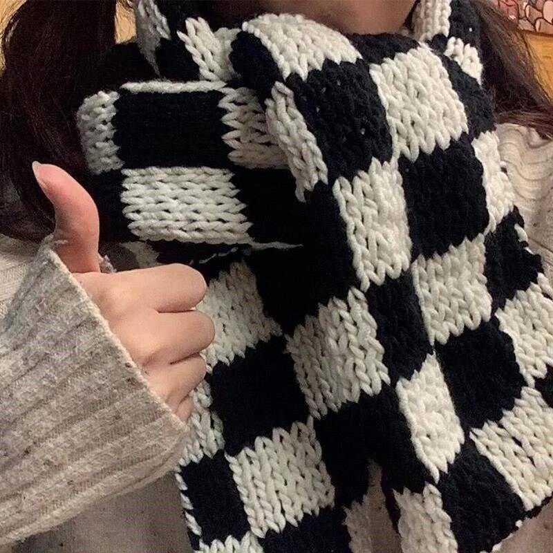 棋盘格围巾手工编织diy材料包手织围脖情人棉线团织亲肤送女友红
