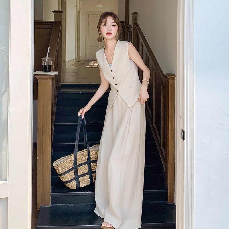 老钱风亚麻高级感马甲阔腿裤时尚套装女夏外穿法式气质薄款两件套