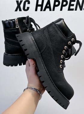 2024新款马丁靴男款厚底增高英伦风冬季加绒机车靴大黄靴66621-A